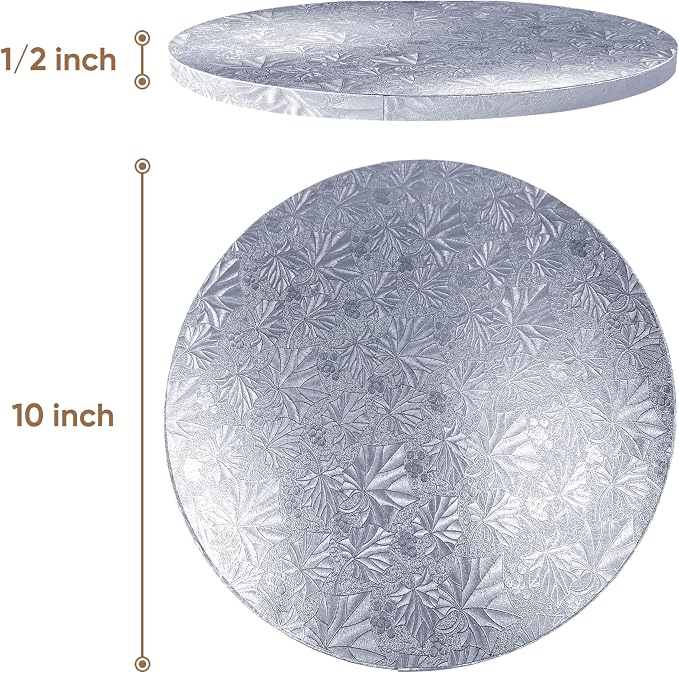 Cakebon Round Cake Boards - Sturdy 1/2 Inch Thick Cake Drums - 10 Inch Professional Base para Pastel Smooth Straight Edges Silver 12-Pack