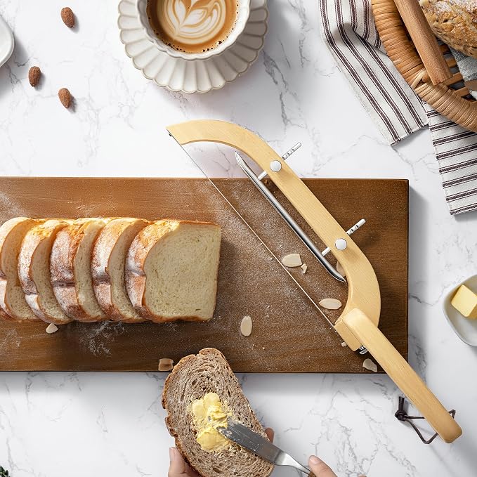 Adjustable Bread Bow Knife for Perfect Slices, Premium Wooden Frame, Tool-Free Blade Replacement, Multi-Thickness Cutter for Homemade Bread, Sourdough, Bagels, Loaves - Birch