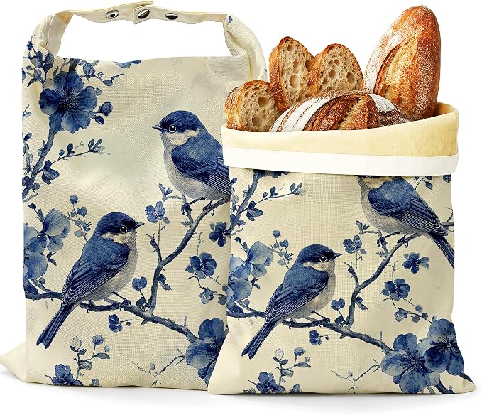 2 Pack Reusable Beeswax Blue Birds Bread Bags, Sourdough Bread Floral Branches Storage for Homemade, Freezer Storage Bag to Keep Fresh, Baguette Bag with Beeswax Liner Kitchen Baking