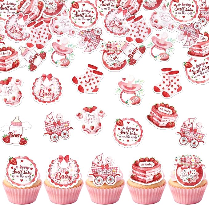 63 PCS Edible Baby Shower Cupcake Toppers Wafer Paper Berry Sweet Strawberry Cupcake Picks Edible Oh Baby It's a Girl Cake Decorations for Gender Reveal Baby Shower Girls Birthday Party Supplies Red