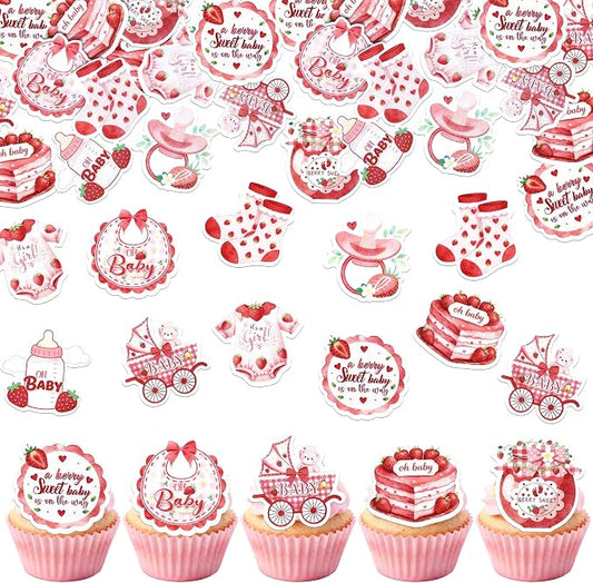 63 PCS Edible Baby Shower Cupcake Toppers Wafer Paper Berry Sweet Strawberry Cupcake Picks Edible Oh Baby It's a Girl Cake Decorations for Gender Reveal Baby Shower Girls Birthday Party Supplies Red