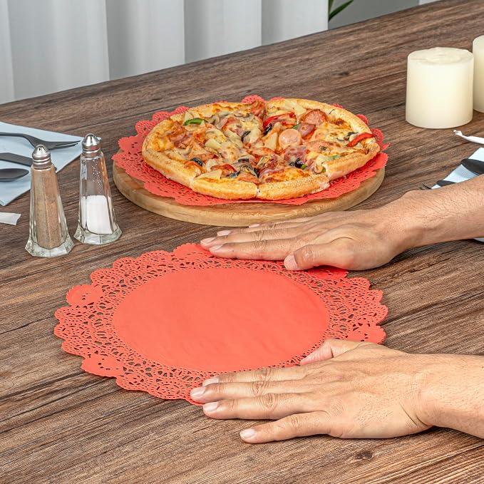 Restaurantware Pastry Tek 12 x 12 Inch Lace Doilies 100 Decorative Tableware Placemats - Disposable Round Red Paper Table Doilies For Birthdays Or Weddings Table Decor