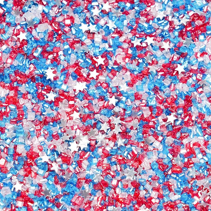Red White and Blue Sprinkles - Patriotic Sanding Sugar with Silver Edible Glitter Stars for 4th of July Cake Decorating, Cupcake Topper & Baking Supplies 3.5 oz - USA Colors for Independence Day
