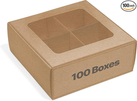 100 pcs Kraft Mini Cookie Boxes for 4 treats with Window and Dividers, Bakery Boxes, 6 x 6 x 2.4 Inches SMALL Baking Boxes, Square Cookies Box Decorating Supplies for Gift Giving