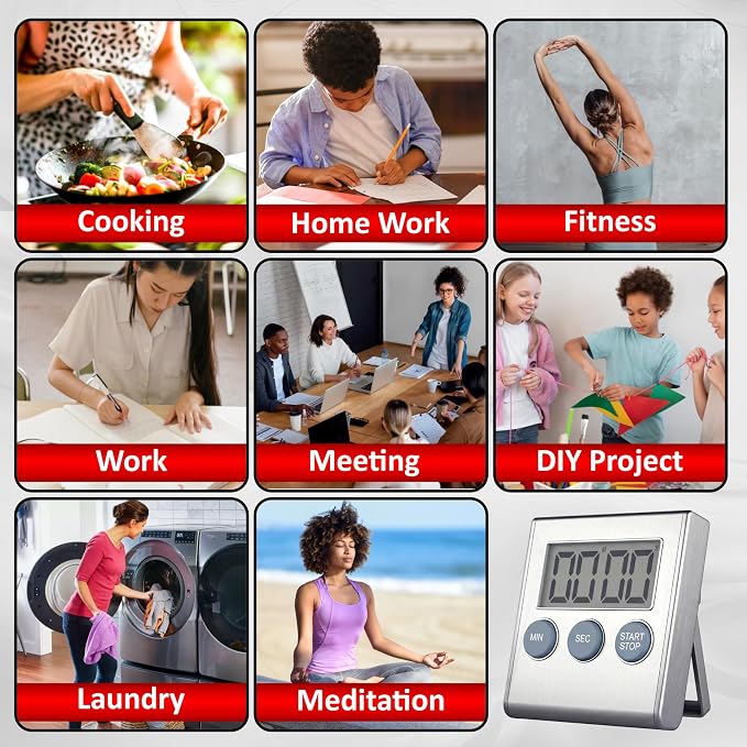 Digital Kitchen Timer for Cooking, Magnetic Countdown Timer with Loud 80dB Alarm, Large Display, Adjustable Stand, Auto Memory, Stop Watch for Classroom, Study, Kids - Silver