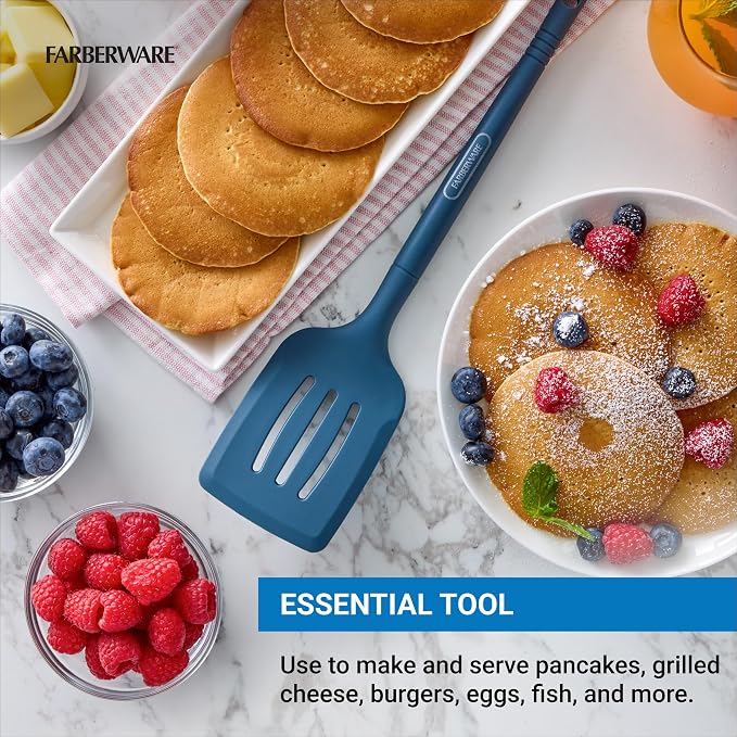 Farberware Pro Silicone Slotted Turner, Blue - Heat Resistant Spatula for Nonstick Cookware, 13 Inch Flipping Tool, Dishwasher Safe Kitchen Utensil