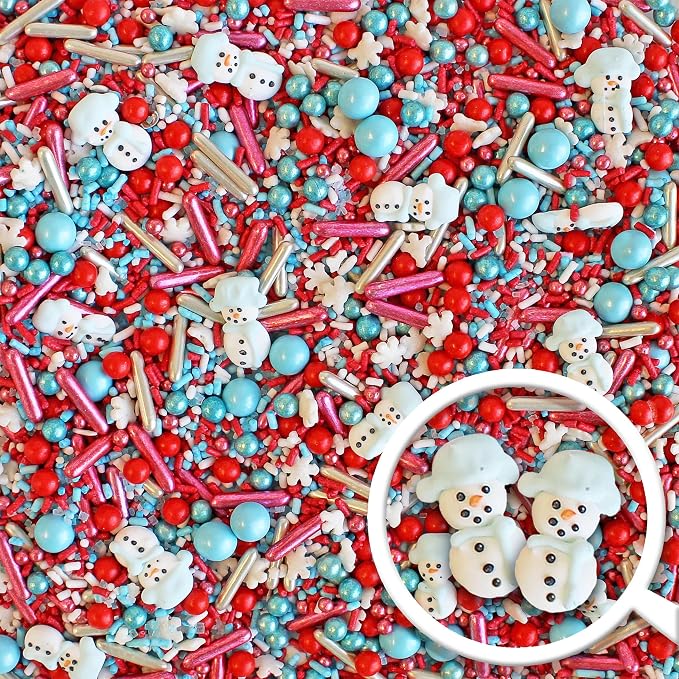 Sprinkle Pop Oh Snow Cute Sprinkle Mix| Red White Icy Blue Sprinkles with ~6 Cute Snowmen Royal Icings & White Snowflakes| Christmas Sprinkles Made in USA for Decorating Cakes Cupcakes Cookie, 2oz