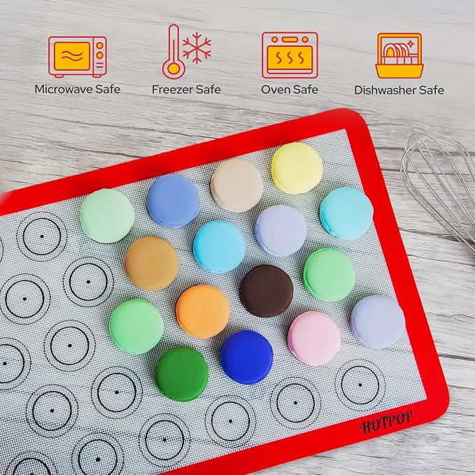 HOTPOP Piping Bags and Tips Set for Macarons - 17-Piece Baking Supplies Kit - Reusable Silicone Pastry Bags - 2 Half-Size Baker Mats - Ideal for Home Pastry Baking (16.5"x11.5")