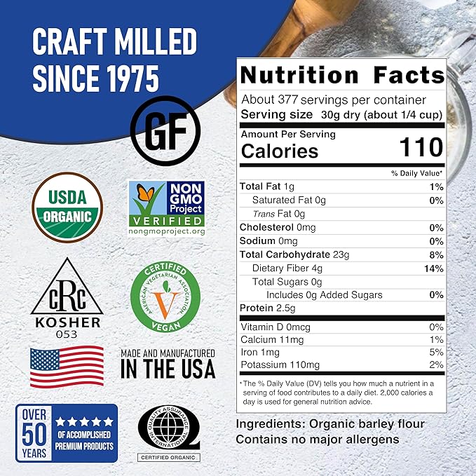 Great River Milling Organic Barley Flour | Unbleached, Unbromated, Non-GMO, Kosher | High Fiber, Nutty Flavor Perfect for Breads, Pancakes, & More | 25 Lb