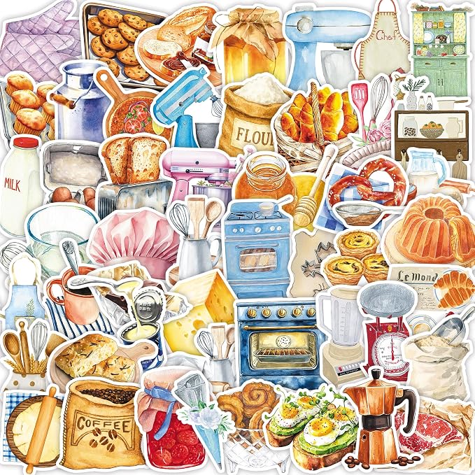 50 Pcs Bakery Stickers for Scrapbooking, Waterproof Vinyl Kitchen Tools Stickers for Laptops Water Bottles Journals, Cute Cooking Food Decals for Adults Teens Girls
