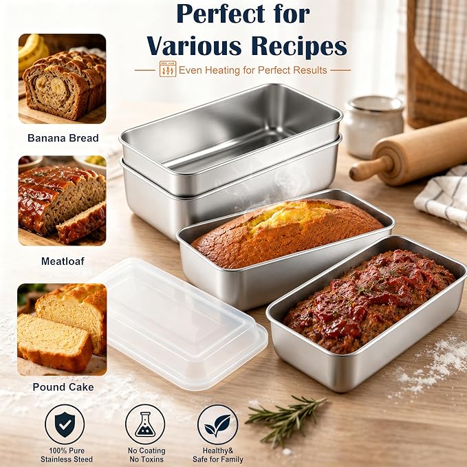 E-far Loaf Pan with Lids, 9 x 5 Inch Stainless Steel Bread Pans for Homemade Bread, Rectangle Baking Tins for Sourdough, Meatloaf, Banana Cake, Nontoxic & Dishwasher Safe - Set of 3