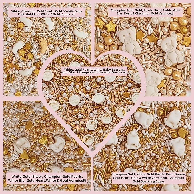 Confect Neutral Baby Shower Sprinkles | Gander Reveal Sprinkles | Mix Gold, Silver, Pearl & Mint Green Sprinkles | Pack of 5 Edible Sprinkle | Vegan, Gluten-Free, Nut-Free, Soy-Free, Dairy-Free, Palm Oil-Free - 5 Oz