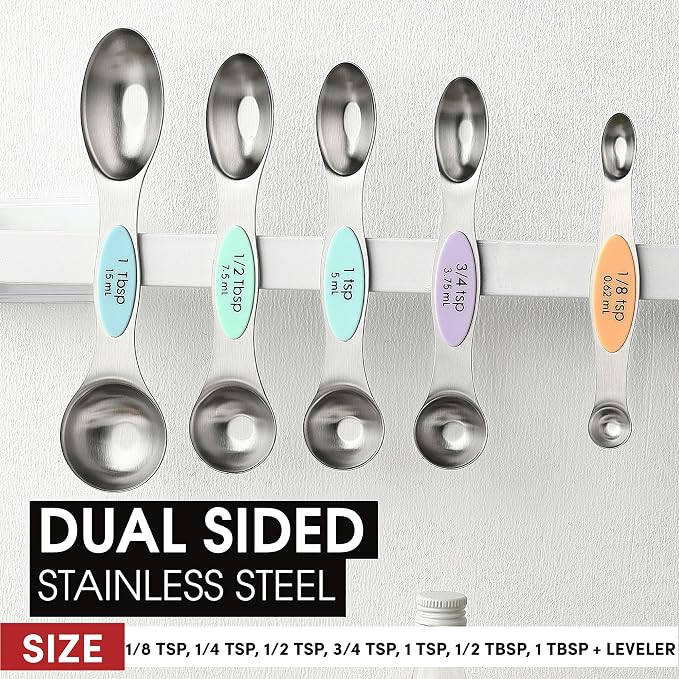 Spring Chef Stainless Steel Magnetic Measuring Cups, Set of 7 & Heavy Duty Magnetic Measuring Spoons, Set of 8 with Leveler - for Dry and Liquid Ingredients - 2 Product Bundle - Pastel