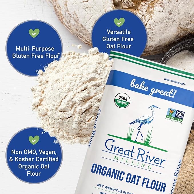 Great River Milling Organic Oat Flour | Gluten Free Whole Grain Flour | Non-GMO, Kosher, Vegan Certified | Naturally Sweet Flavor for Pancakes, Muffins, Cookies & Baking Blends | 25 Lb
