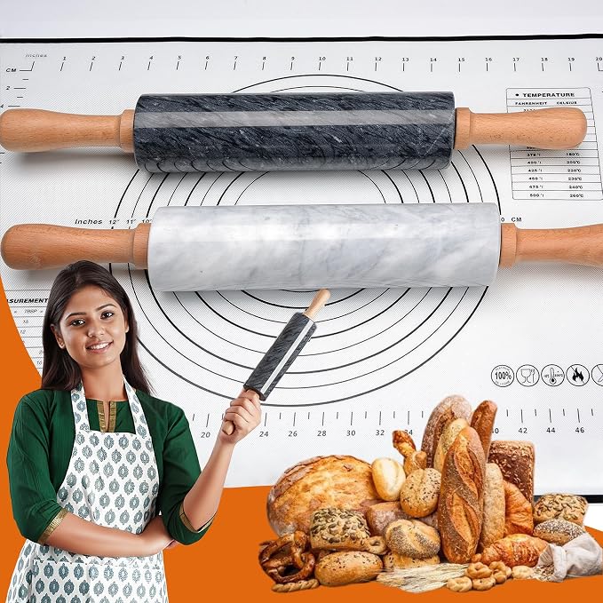 18.5 inches Marble Rolling Pin,Large Non-Stick Dough Roller,for making pizza, cookies,pie crusts, and pasta.with Silicone Pastry Mat,Stainless Steel Scraper,and Small Wooden Roller Pin(White)