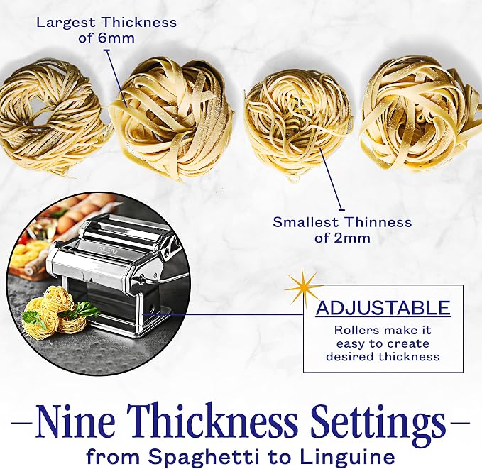 Nuvantee Pasta Maker with Adjustable Thickness Settings - 3 in 1 Noodle Maker with Rollers & 2 Width Cutters for Fresh Spaghetti, Fettuccini, Lasagna, Dumplings & More