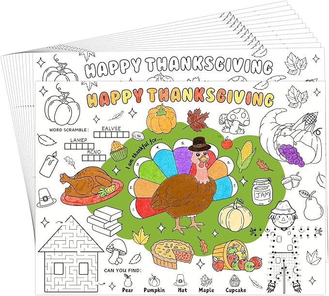 45pcs Thanksgiving Coloring Placemats for Kids Disposable Coloring Poster Fall Autumn Gifts School Classroom Activities Paper Table Mats