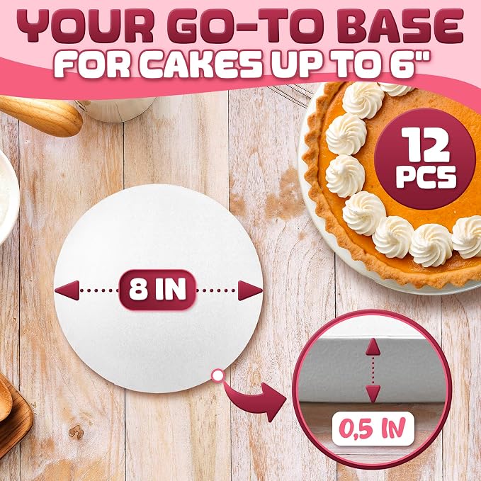 Set of 12 White Cake Drums 8 inch - 1/2" Thick Cake Boards 8 inch Round with Bend-Proof, Smooth Surface, Grease and Water-Resistant Coating - Suitable for Any Type of Desserts and Cakes Up to 6"