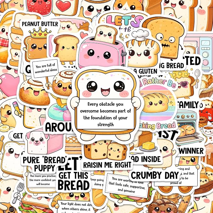 Bread Stickers, Sourdough Stickers 50PCS – Waterproof Vinyl Positive Food Decals for Water Bottles, Laptops, Journaling – Non-Repeating Decals, High-Definition Print Gift for Womens