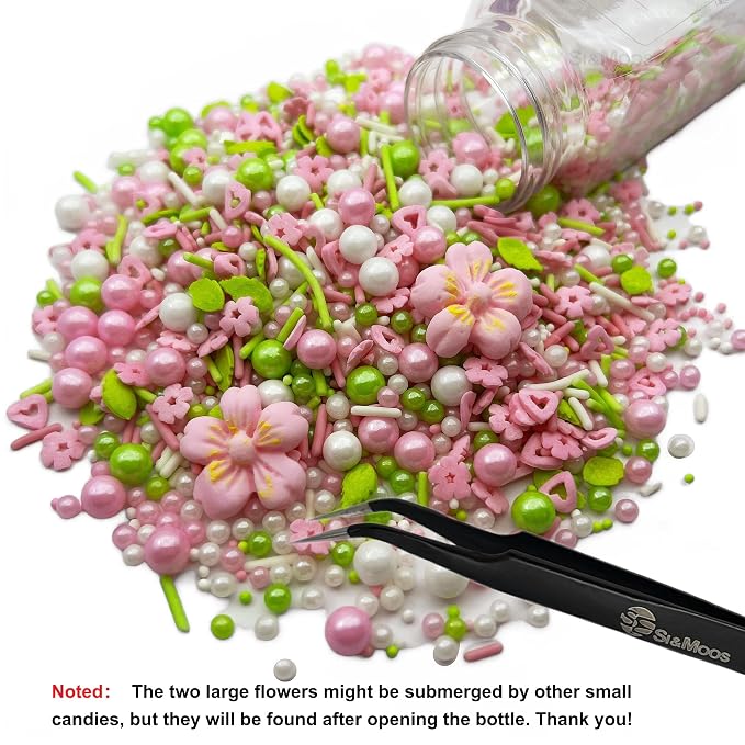 Edible Pink Flowers for Cake Decorating Edible Mini Sugar Flowers Pink and Green Pearl Sprinkles Spring Sprinkles Baby Shower Cake Decorations Christmas Cookie Decorations 3.5 OZ with Tweezers