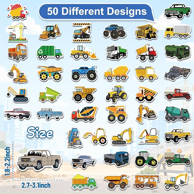 50 Pcs Construction Vehicle Stickers for Scrapbooking, Waterproof Vinyl Truck Stickers for Laptops Water Bottles Journals, Cute Engineering Car Decals for Kids Boys Teens