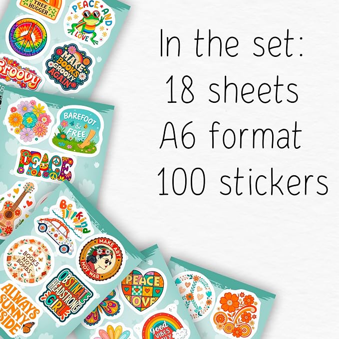 100Pcs Hippie Stickers for Phones, Water Bottles, Groovy Stickers Bulk for Laptop, for Water Bottle - Hippie Gifts, Party Supplies & Decoration - Gift for Women & Men