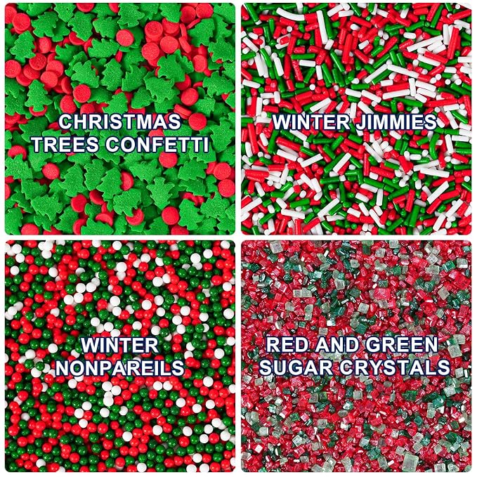 Christmas Sprinkles Mix 4 Cell Holiday Assortment 6.5 oz Edible Red Green White Jimmies, Nonpareils, Christmas Tree Confetti & Sanding Sugar for Cakes Decorating Xmas Cookies, Cupcakes & Holiday Desserts