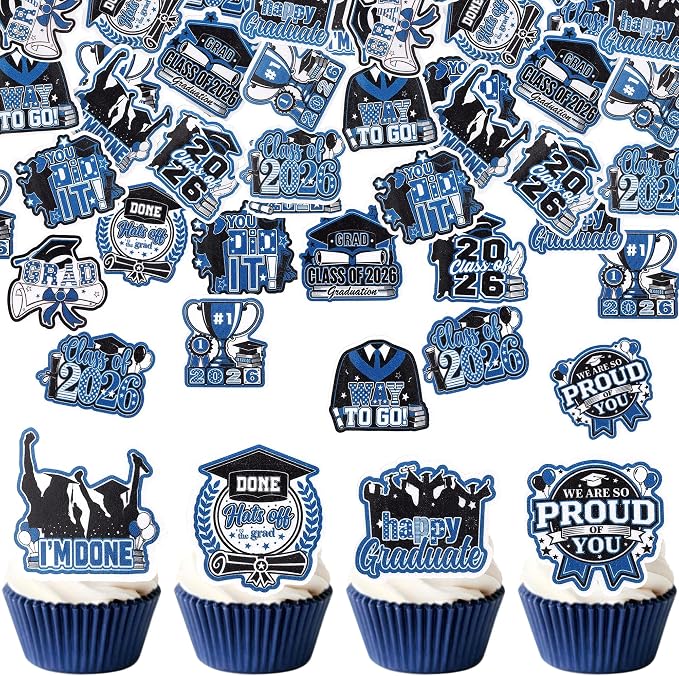 60 PCS Edible 2026 Graduation Cupcake Toppers Class of 2026 Party Cake Decorations Edible Diploma Congrats Grad Cap Cupcake Picks for 2026 Graduation Theme Party Cake Decorations Supplies Black Blue