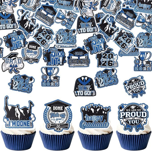 60 PCS Edible 2026 Graduation Cupcake Toppers Class of 2026 Party Cake Decorations Edible Diploma Congrats Grad Cap Cupcake Picks for 2026 Graduation Theme Party Cake Decorations Supplies Black Blue