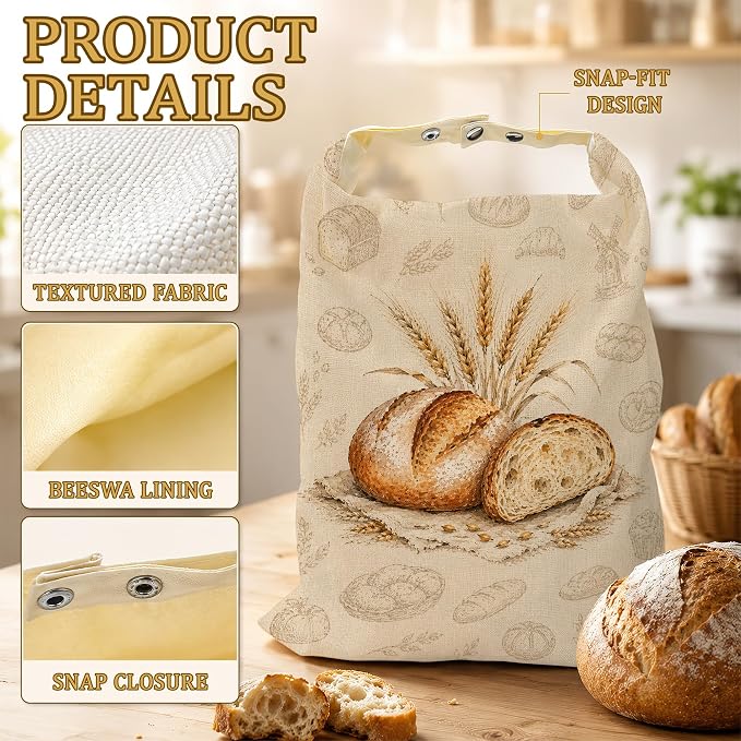 2 Pack Reusable Beeswax Bread Bags, Sourdough Bread Storage for Homemade, Freezer Storage Bag to Keep Fresh, Baguette Bag with Beeswax Liner Kitchen Baking