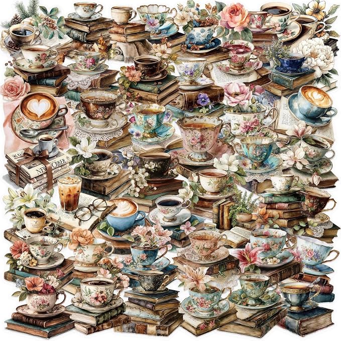 Vintage Coffee Books Flowers Sticker Pack, 50PCS Aesthetic Waterproof Transparent PET Stickers for Water Bottle Scrapbook Journal Laptop Cup, Retro Cafe Decals for Teens Adults (Coffee Book)