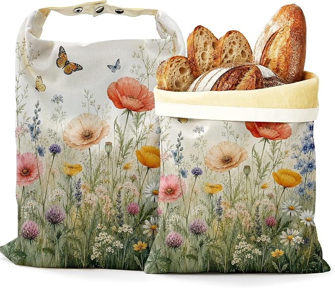 2 Pack Beeswax Wildflower Meadow Bread Bags for Sourdough, Reusable Linen Butterfly Garden Bread Bag 17x13'' Food Storage Cloth Bag Freezer-Friendly & Freshness Preservation