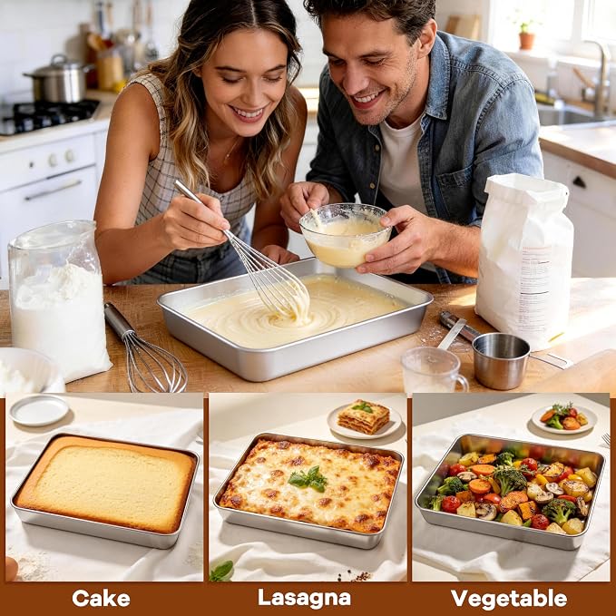 LIANYU Stainless Steel Rectangular Baking Pan, 12⅓ x 9¾ x 2 Inch Commercial Cake Pan with Lid Set of 4, Metal Lasagna Brownie Bakeware Set, Healthy & Dishwasher Safe (4 Pan +4 Lid)