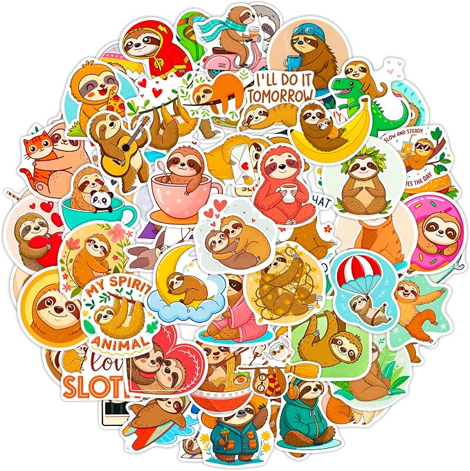 100Pcs Sloth Stickers and Decals for Water Bottle, Laptop - Sloth Gifts, Party Supplies & Decorations - Gift for Women & Men
