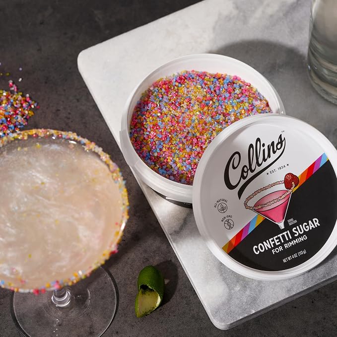 Collins Confetti Sugar, All-Natural Cocktail Rimming Sugar Made with Plant-Based Colors, Non-GMO Drink Garnish for Cocktails and Mocktails, Add Festive Flair to Your Drink Presentation, 4 oz