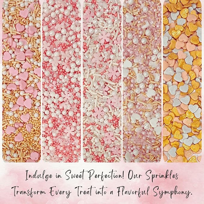 Confect Pink, Silver, Gold & White Pearl Sprinkles Mix – Edible Baking Decorations for Cakes, Cupcakes, Cookies – Valentine’s & Celebration Sprinkle Set – Pack of 5 - Vegan, Gluten-Free, Nut-Free, Soy-Free, Dairy-Free, Palm Oil-Free -5 Oz