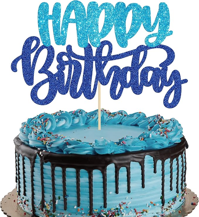 Gyufise 1Pcs Happy Birthday Cake Topper Glitter Cake Pick for Celebrating Happy Birthday Anniversary Theme Party Cake Decorations Supplies Blue