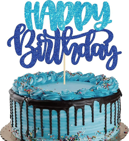 Gyufise 1Pcs Happy Birthday Cake Topper Glitter Cake Pick for Celebrating Happy Birthday Anniversary Theme Party Cake Decorations Supplies Blue