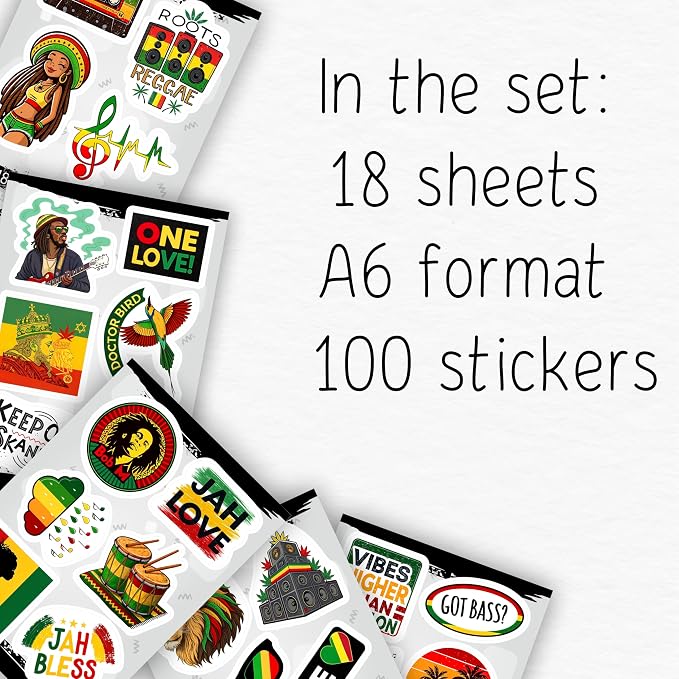 100Pcs Reggae Stickers and Decals for Adults for Water Bottle & Laptops - Rasta Stickers, Jamaica Band Decals - Bob the King of Reggae Gifts for Men & Women