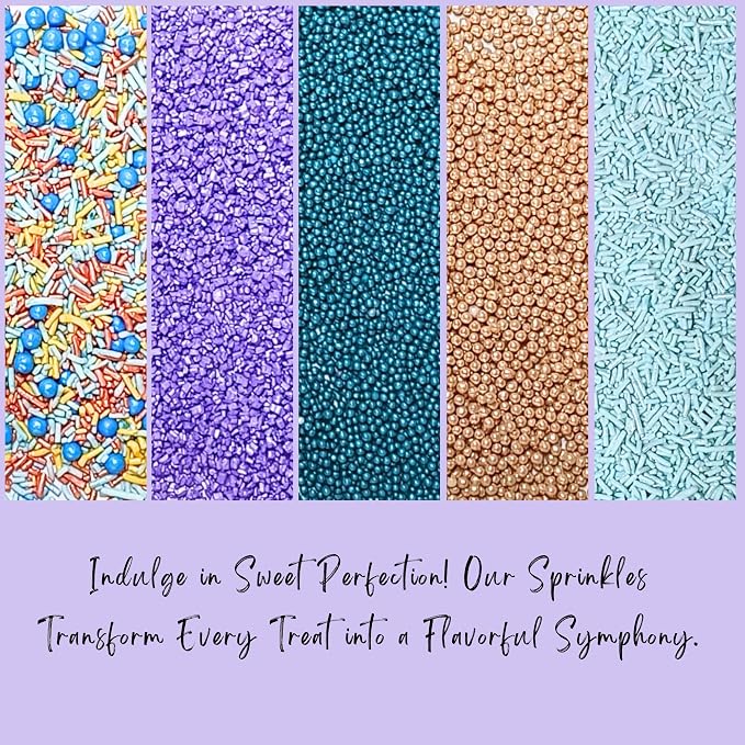 Confect Sprinkles Mix – Pack of 5 Assorted Cake & Cupcake Decorating Sprinkles – Bright Blue, Rose Gold & Gold Dragees, Baby Blue Jimmies, Purple Sparkling Sugar | Aquamarine Party Sprinkles– Vegan, Gluten-Free, Nut-Free, Soy-Free, Dairy-Free, Palm Oil...