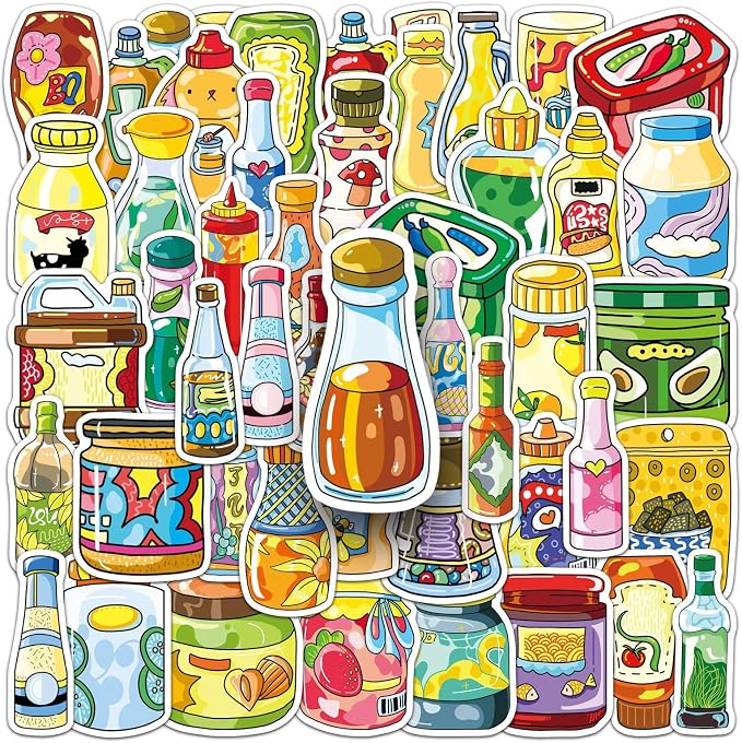 51 Pcs Sauce & Condiment Doodle Stickers - Cute Foodie Kawaii Vinyl Decals for Cooks, Kitchen Ketchup, Mayo Fun Sticker Pack(Sauce)