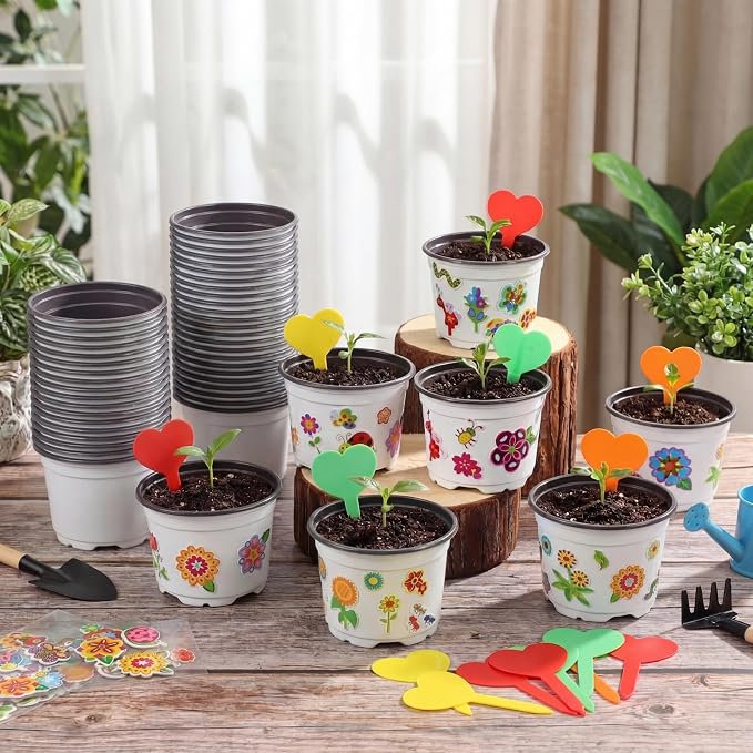100 Sets Garden Pot Craft Kit, Flower Plant Spring Craft Including Plastic Nursery Plant Pots Labels Tags Stickers for DIY Flower Planting Growing Birthday Arts Kit (Pure)
