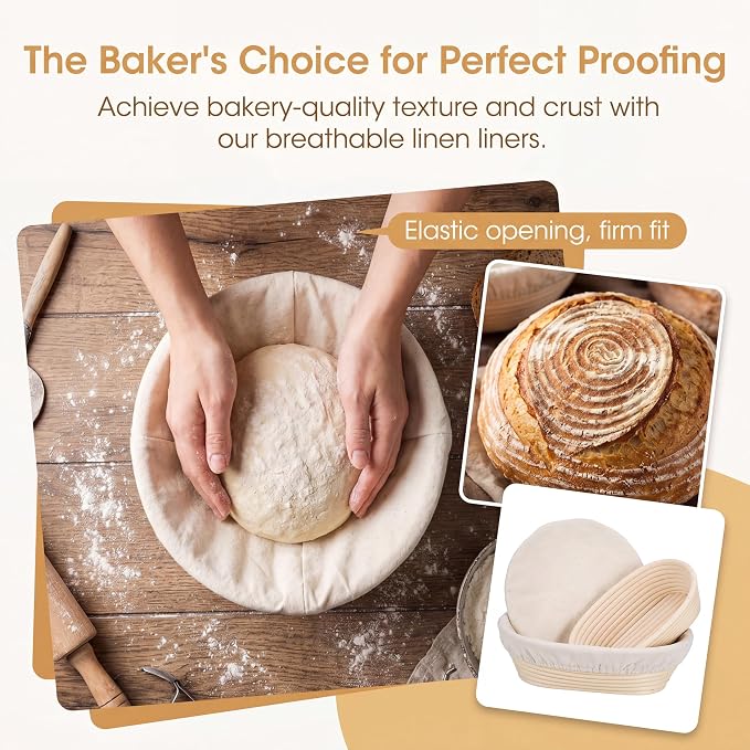 4Pcs Bread Proofing Basket Liners - 2 Oval & 2 Round 10 Inch Covers, Reusable Natural Rattan Banneton Cloth for Sourdough Baking, Home Bakery Dough Proofing Covers (4)