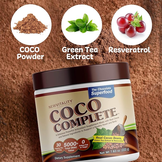 Coco Complete by New Vitality – Immune System and Boosting Superfood Powder Supplement, Energy Support, Sugar Free, Real Cocoa Powder & Green Tea Extract, Chocolate Flavor, 30 Servings
