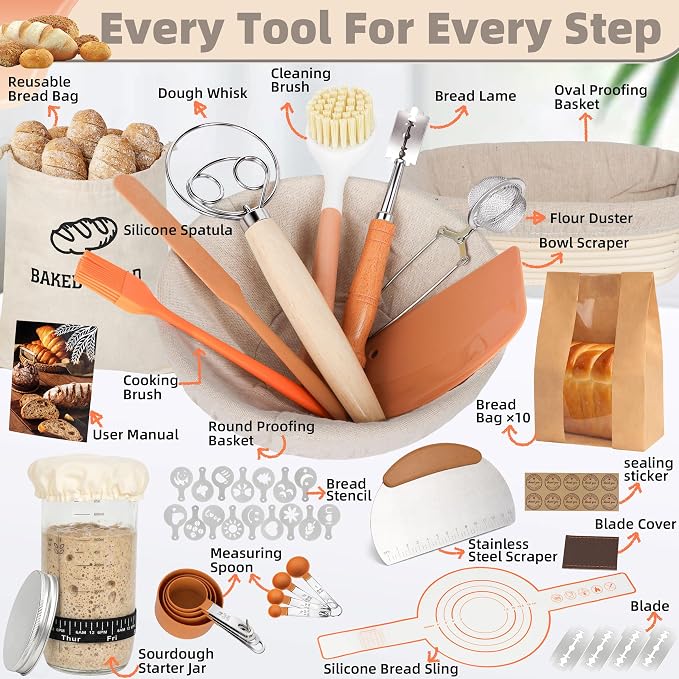 LOCONHA Sourdough Starter Kit, Sourdough Bread Baking Supplies Making Tools， Includes Round & Oval Banneton Bread Proofing Basket, Sling, Jar, Whisk, Scrapers, Stencils & Bag