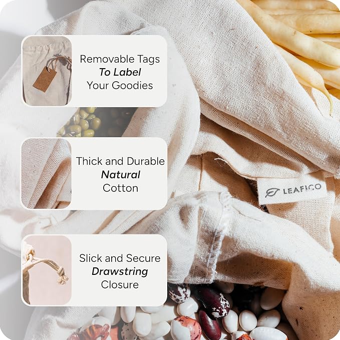LEAFICO Multipurpose Eco Cloth Bags - Large 10x12 Inch (12 Pack) - Cotton Produce Storage Sacks - Muslin Drawstring Pouches for Vegetables - Bread Bags - Fabric Sachets