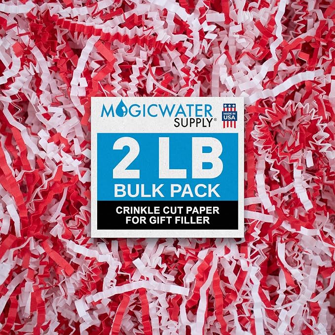 MagicWater Crinkle Cut Paper for Gift Baskets - 2LB - Red & White - Perfect for Shredded Paper Filler, Basket Filler, Gift Boxes, Bridesmaid Gifts, Christmas Stuffers & More – Ideal for All Occasions