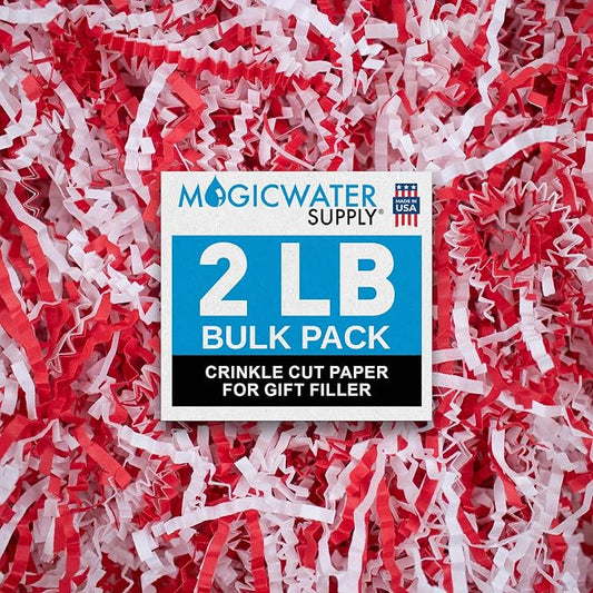 MagicWater Crinkle Cut Paper for Gift Baskets - 2LB - Red & White - Perfect for Shredded Paper Filler, Basket Filler, Gift Boxes, Bridesmaid Gifts, Christmas Stuffers & More – Ideal for All Occasions