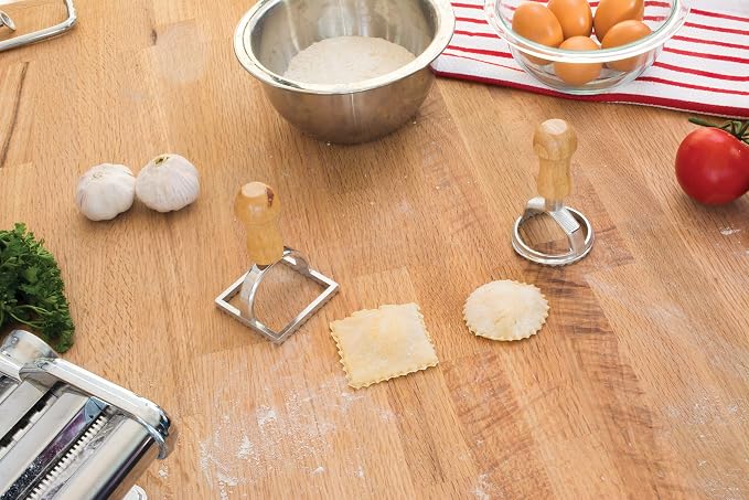 Fante’s Ravioli Maker Stamps With Wooden Handles, Fluted Round And Square Shapes, For Homemade Pasta, Cookies, Everyday Meals, And Holidays, 2.5-Inch And 2-Inch, 2-Piece Set