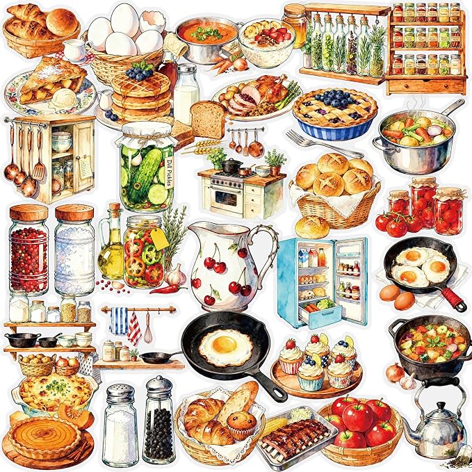 56 pcs Kitchen Food Cooking Clear PET Stickers, Vintage Bakery Bread Fruit Vegetable Transparent Die-Cut Decals, Waterproof Aesthetic Stickers for Journal Planner Scrapbook Recipe Book DIY Decor
